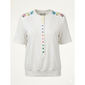Sanibel Floral Embroidery Colorful Buttons White Top Women M Cottage Retro 80s